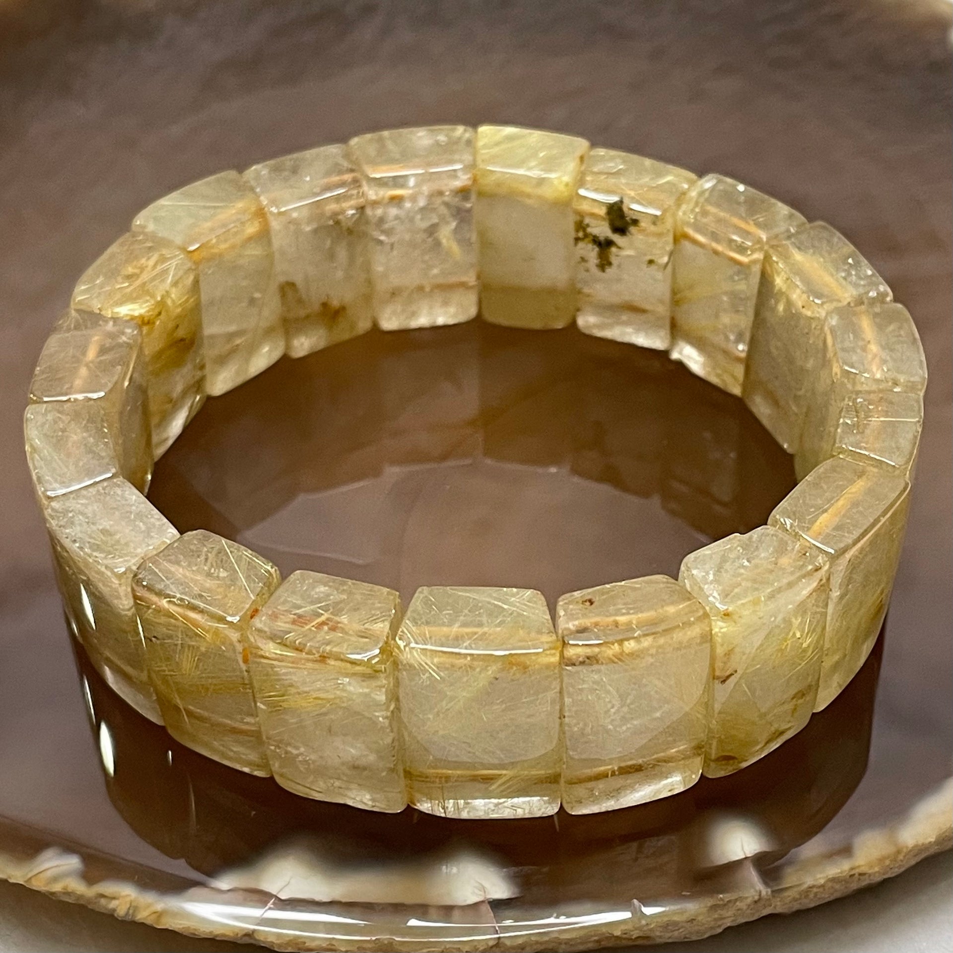 Natural Golden Rutilated Quartz Bracelet 手牌 - 65.46g 18.4 by 7.7mm/piece 19 pieces - Huangs Jadeite and Jewelry Pte Ltd