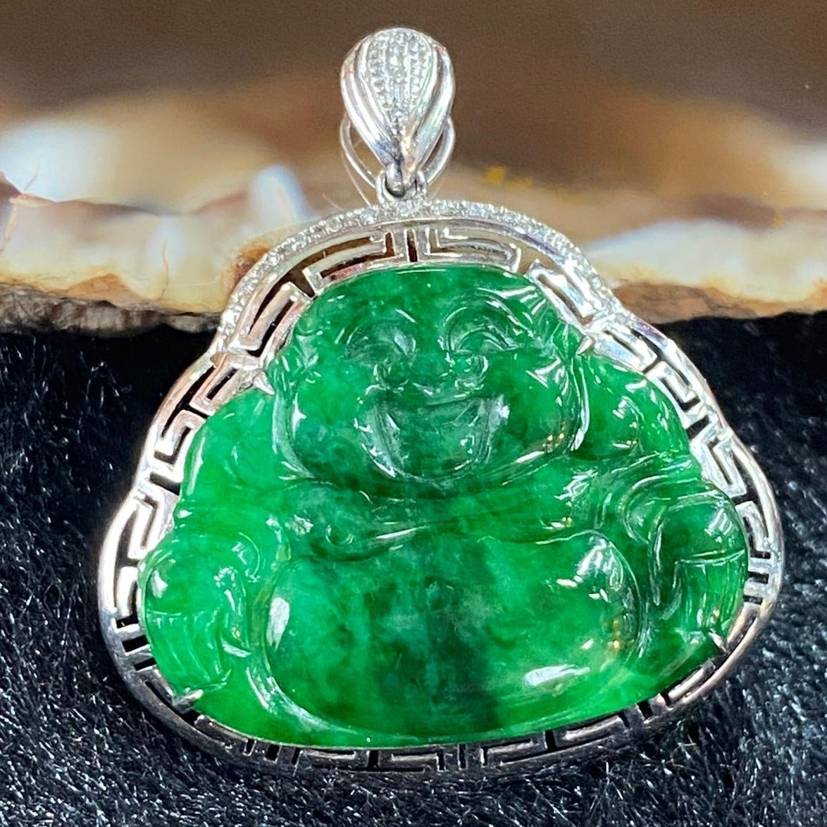 Type A Burmese Jade Jadeite 18k white gold Milo laughing Buddha - 3.74g 29.2 by 26.4 by 5.9mm - Huangs Jadeite and Jewelry Pte Ltd