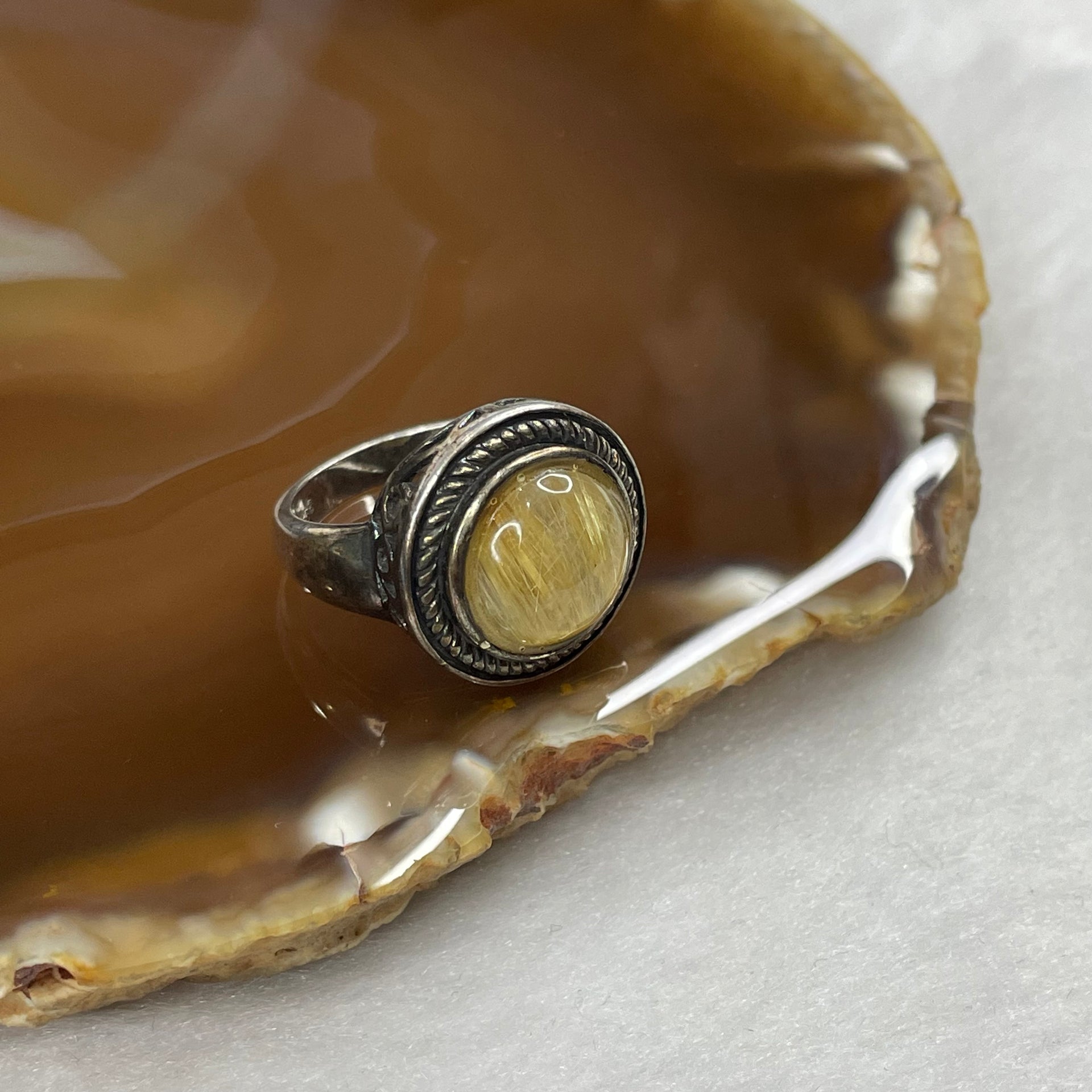 Natural Golden Rutilated Quartz 925 Silver Ring US 7 HK 17 6.17g 17.8 by 17.9 by 7.4mm - Huangs Jadeite and Jewelry Pte Ltd