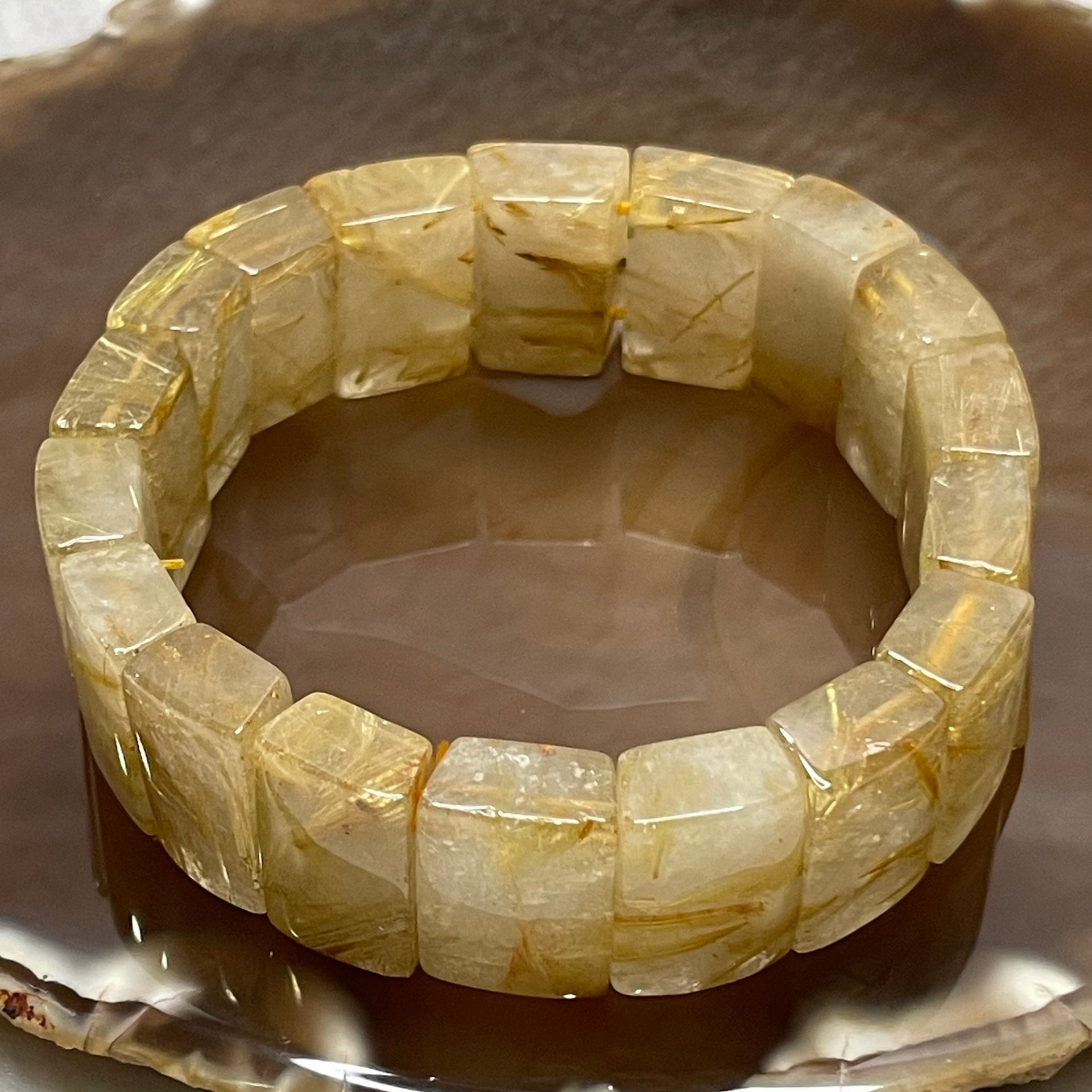 Natural Golden Rutilated Quartz Bracelet 手牌 - 74.17g 18.7 by 8.3mm/piece 18 pieces - Huangs Jadeite and Jewelry Pte Ltd