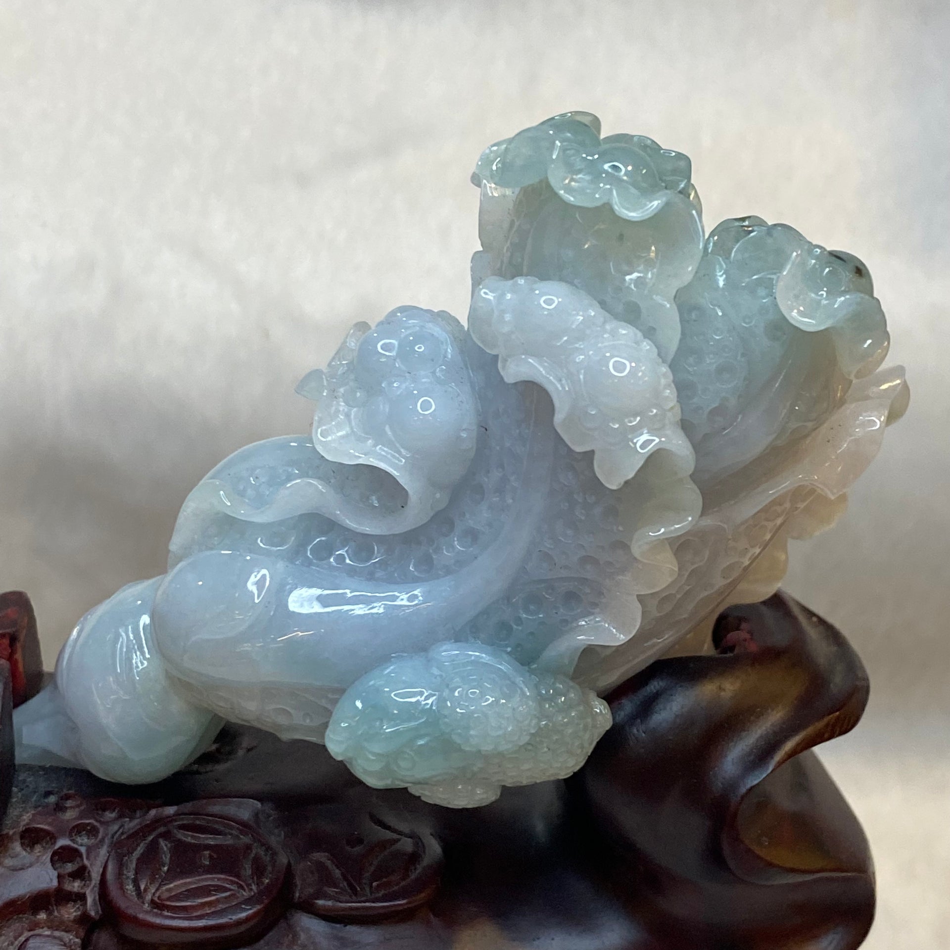 Rare Jelly Semi ICY Cabbage Bao Cai for Wealth 181.5g 112.0 by 61.7 by 31.0mm with wooden stand total 606.3g 150.6 by 127.0 by 80.5mm - Huangs Jadeite and Jewelry Pte Ltd