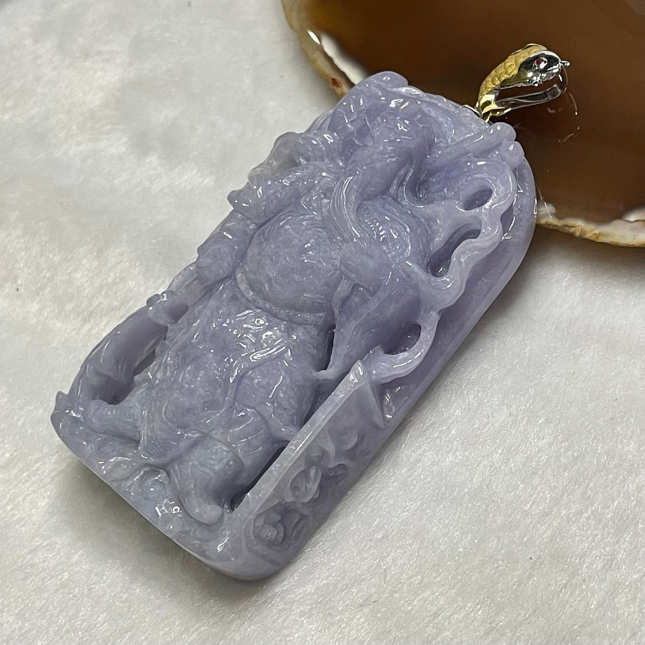 Rare Type A Intense Lavender Guan Gong Jade Jadeite 18k gold with NGI Cert 106.26g 90.0 by 41.3 by 15.8mm - Huangs Jadeite and Jewelry Pte Ltd