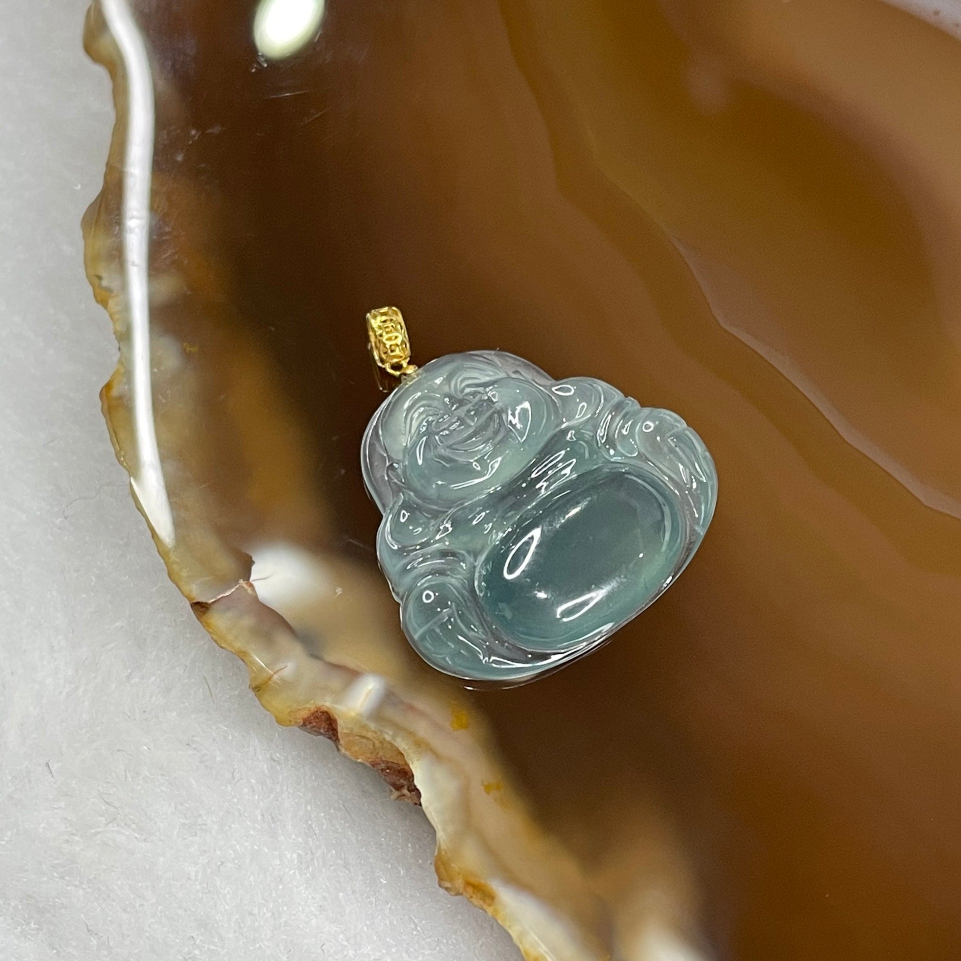 Type A Icy Blueish Green Jade Jadeite Milo Laughing Buddha with 18k Gold Clasp Pendant - 2.64g 20.3 by 21.9 by 3.8mm - Huangs Jadeite and Jewelry Pte Ltd