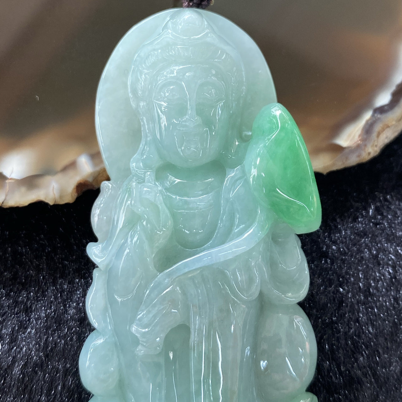 Type A Apple Green Jadeite Guan Yin Pendant 46.15g 72.9 by 30.1 by 11.2mm - Huangs Jadeite and Jewelry Pte Ltd