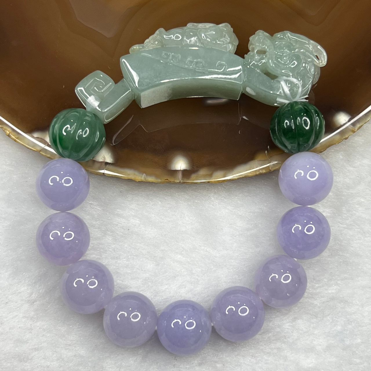 High End Type A Lavender and Green Jadeite Bracelet with Semi Icy Dragon and Pixiu Ruyi Charm 72.82g 13.4mm 11 Beads Charm Dimensions 63.3 by 14.3 by 18.4 - Huangs Jadeite and Jewelry Pte Ltd