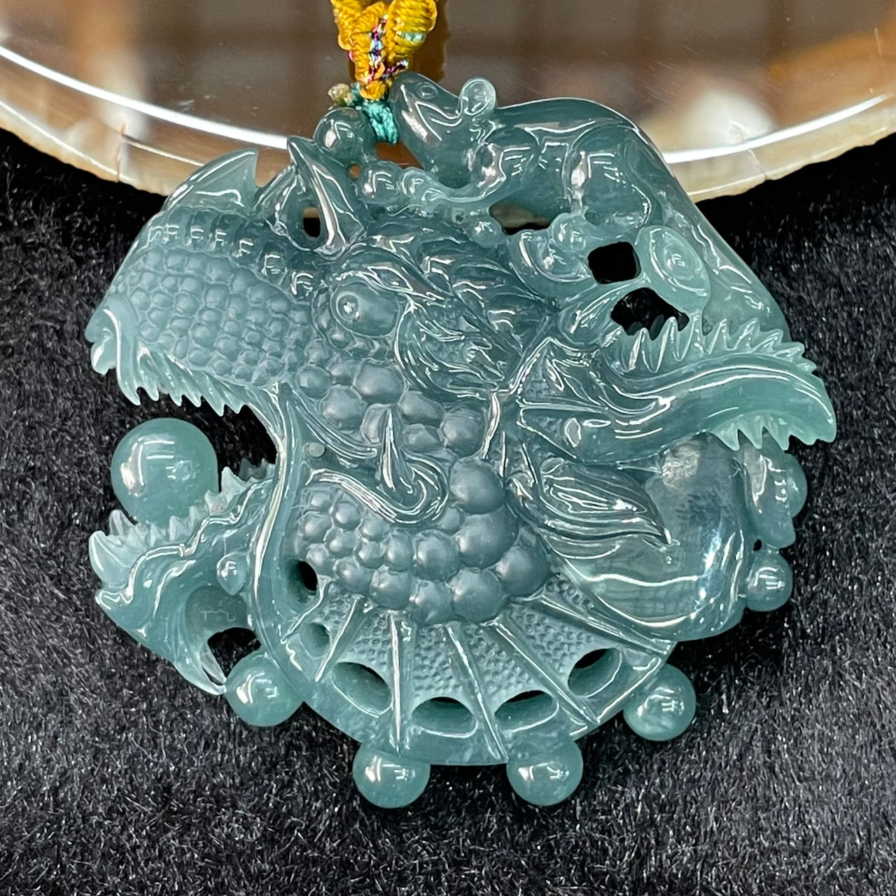 Type A Blueish Green Sea Dragon & Rat Jade Jadeite Pendant - 58.38g 52.8 by 55.0 by 16.6mm - Huangs Jadeite and Jewelry Pte Ltd