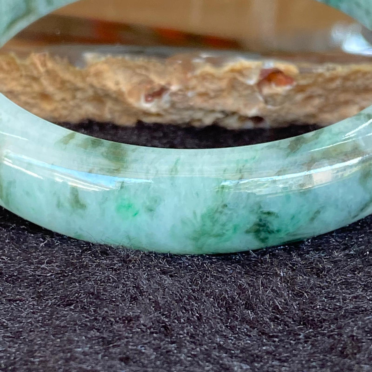 Type A Green Tiger Stripe Piao Hua Jadeite Bangle 52.65g inner diameter 58.3mm Thickness 13.8 by 7.3mm - Huangs Jadeite and Jewelry Pte Ltd