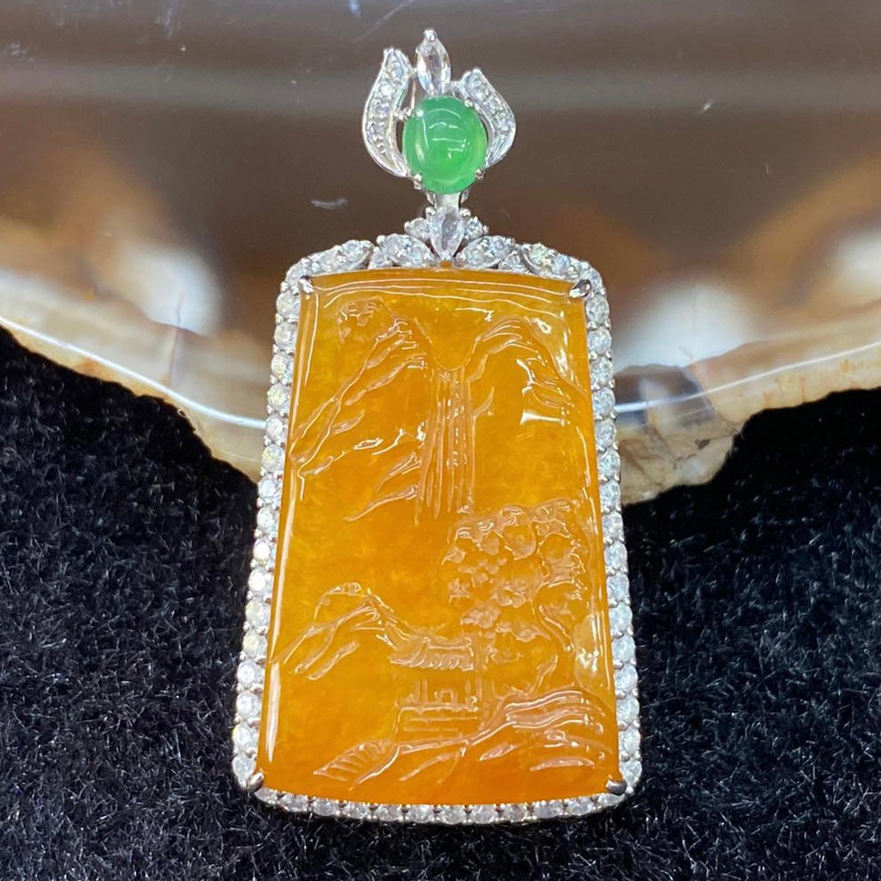 Type A Burmese Icy Yellow Jade Jadeite Scenic Piece Shan Shui 18k gold & diamonds - 6.46g 36.1 by 18.8 by 6.8mm - Huangs Jadeite and Jewelry Pte Ltd