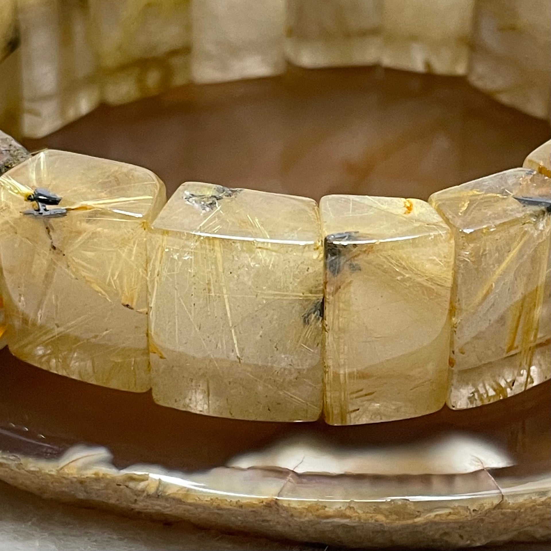 Natural Golden Rutilated Quartz Bracelet 手牌 - 75.17g 18.6 by 13.4 by 8.1mm/piece 18 pieces - Huangs Jadeite and Jewelry Pte Ltd