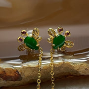 Type A Spicy Green Jade Jadeite Fly Earrings 18K Yellow Gold 1.57g 33.7 by 10.3 by 3.1mm - Huangs Jadeite and Jewelry Pte Ltd