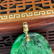 18 Yellow Gold Rare Type A Green with Dark Green Patches Jade Jadeite Prosperity Dragon Feng Shui Pendant with NGI Cert 142.63 cts 57.91 by 36.09 by 7.43mm - Huangs Jadeite and Jewelry Pte Ltd