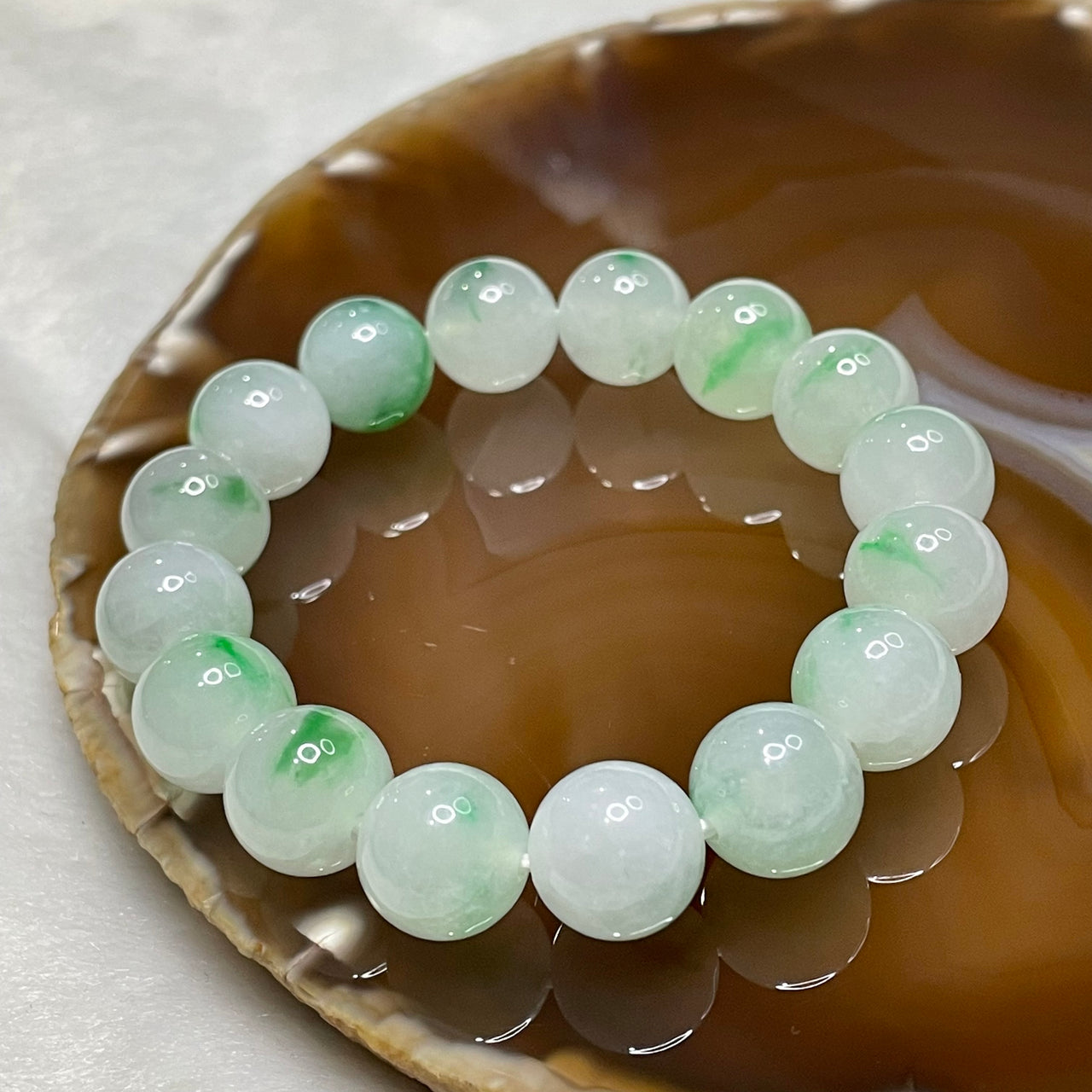 Type A Semi Icy Spicy Green Piao Hua Jade Jadeite Bracelet 49.45g 12.1mm/bead 16 beads - Huangs Jadeite and Jewelry Pte Ltd