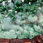 Type A 3 Green with Spicy Green Jadeite Hua Kai Fu Gui (prosperity & Happiness) Display 1260g 24.0 by 2.8 by 16.0cm with wooden stand 2935g 31.0 by 10.0 by 28.0cm - Huangs Jadeite and Jewelry Pte Ltd