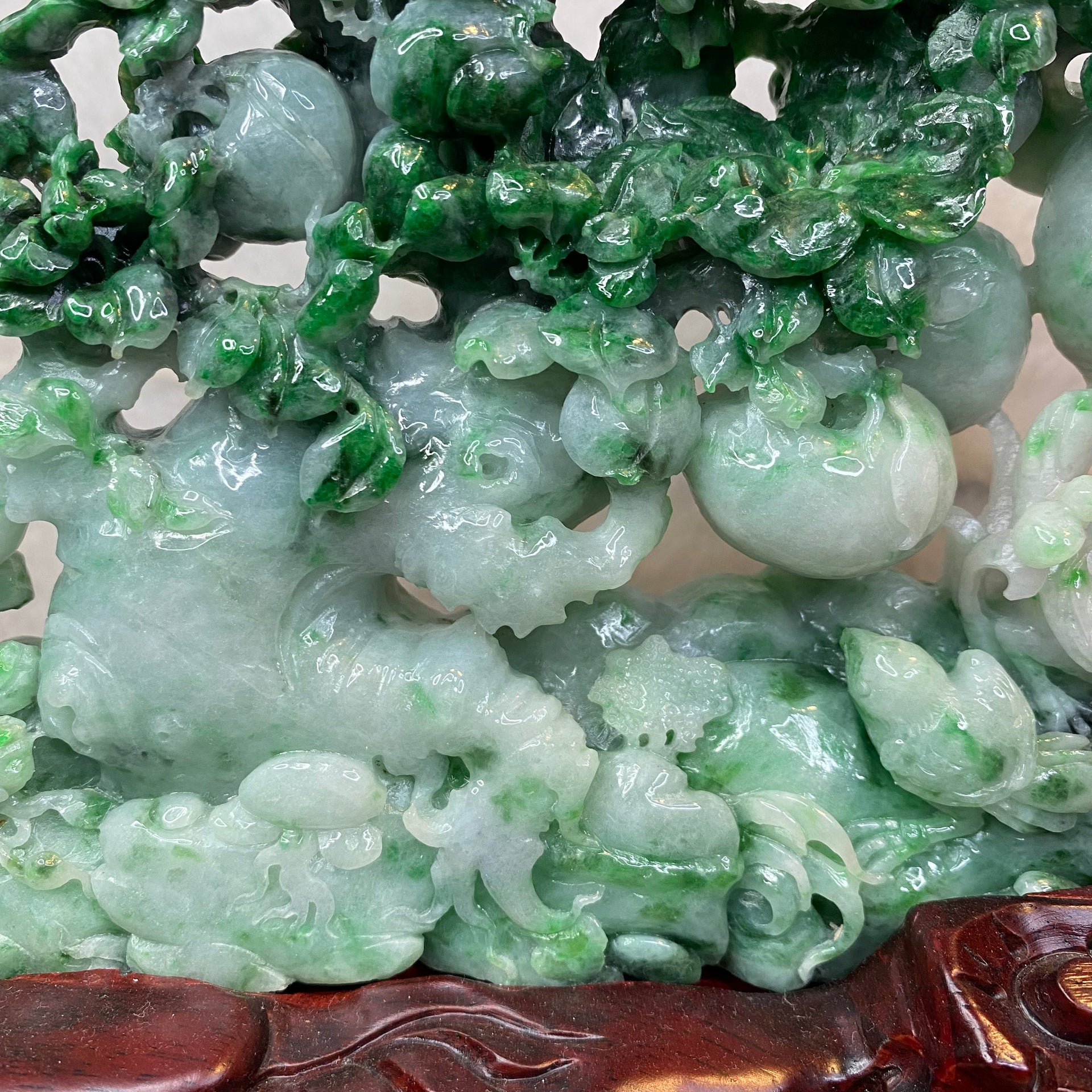 Type A 3 Green with Spicy Green Jadeite Hua Kai Fu Gui (prosperity & Happiness) Display 1260g 24.0 by 2.8 by 16.0cm with wooden stand 2935g 31.0 by 10.0 by 28.0cm - Huangs Jadeite and Jewelry Pte Ltd