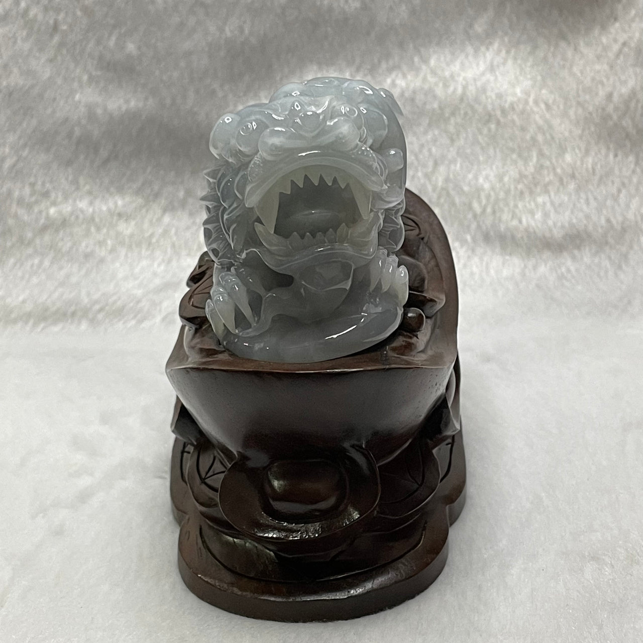 Type A Blueish Lavender Jade Jadeite Pixiu & Ruyi Display with Wooden Stand: Pixiu: 373.1g 93.1 by 43.1 by 43.7mm With Stand: 747.5g 215.4 by 111.5 by 99.6mm - Huangs Jadeite and Jewelry Pte Ltd