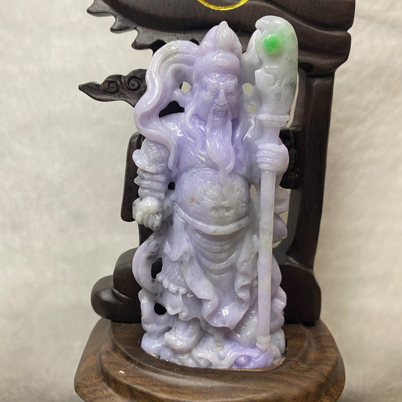 Rare Deep Lavender Apple Green Jadeite Guan Gong 134.1g 108.3 by 48.4 by 15.3mm with wooden stand total 723.0g 128.2 by 98.8 by 22.0mm - Huangs Jadeite and Jewelry Pte Ltd