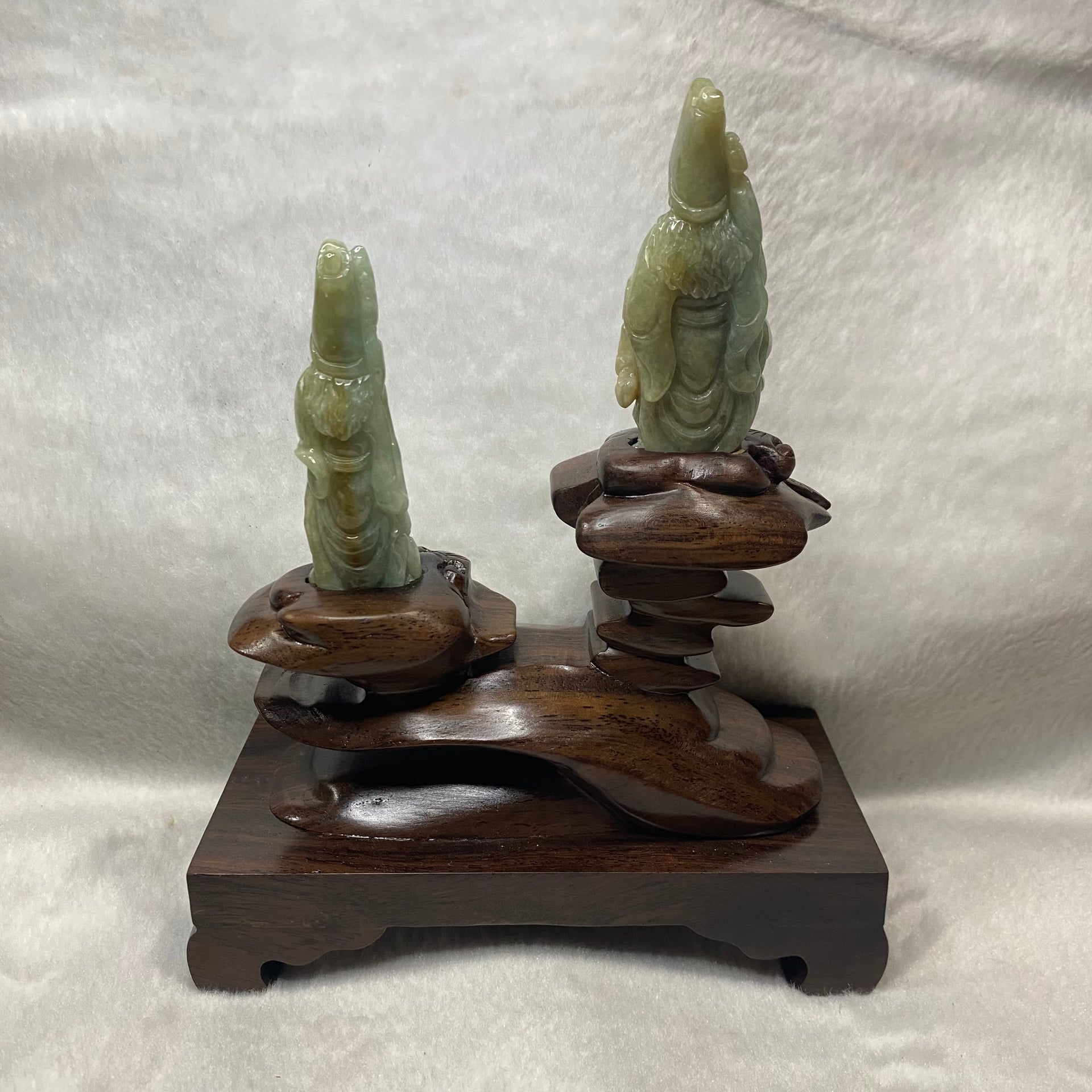 Type A Yellow Green Jadeite Hei Bai Wu Chang Display with wooden stand total 581.4g 190.9 by 110.2 by 195.0mm - Huangs Jadeite and Jewelry Pte Ltd