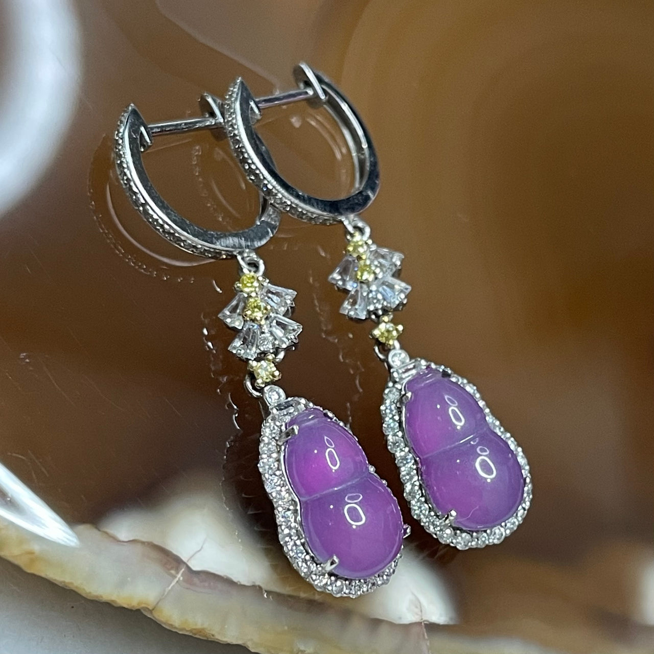 Type A Semi Icy Lavender Jade Jadeite Hulu Earrings 18k White Gold, natural diamonds & sapphires 3.85g 33.8 by 8.2 by 5.6mm - Huangs Jadeite and Jewelry Pte Ltd