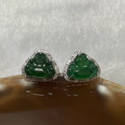 Type A Full Green Jade Jadeite Milo Buddha Earrings 18k White Gold Studs 2.53g 10.7 by 12.9 by 4.5mm - Huangs Jadeite and Jewelry Pte Ltd