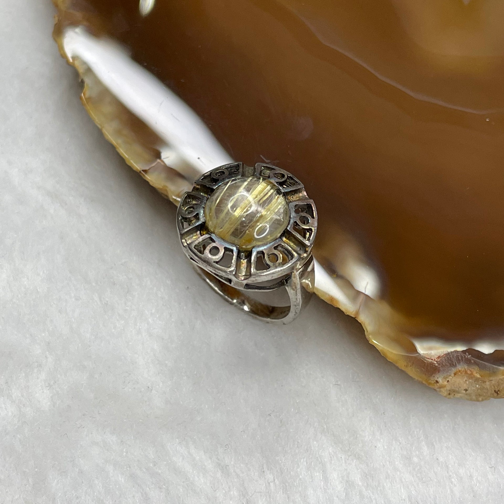 Natural Golden Rutilated Quartz 925 Silver Ring US 6.75 HK 15 5.64g 18.3 by 18.5 by 6.9mm - Huangs Jadeite and Jewelry Pte Ltd