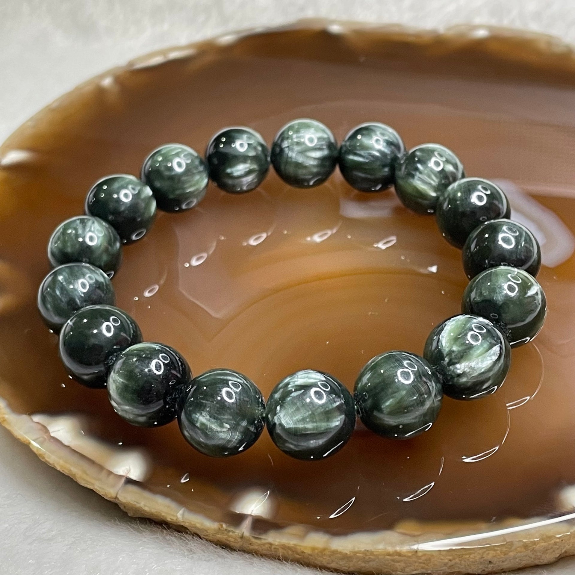 Natural Seraphinite Crystal Bracelet 绿龙晶46.72g 12.8mm/bead 17 beads - Huangs Jadeite and Jewelry Pte Ltd