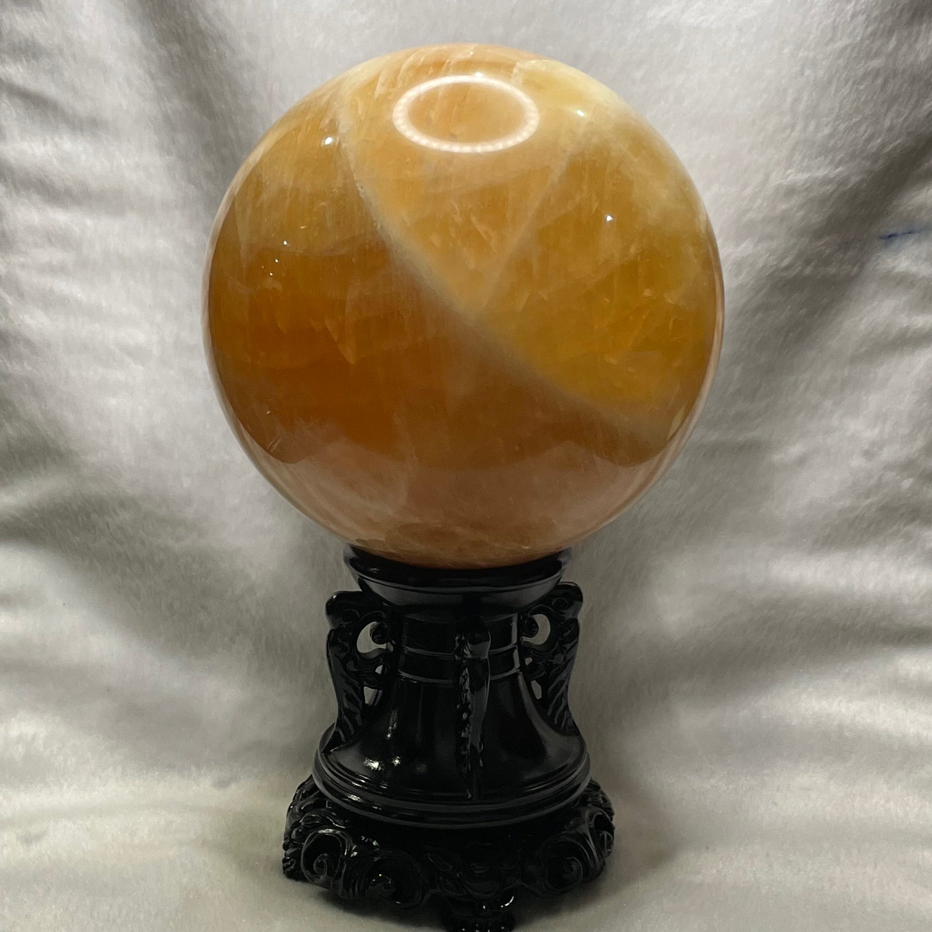 Natural Citrine Crystal Ball Display with Wooden Stand - 6555g Dimensions with Stand: 253.9 by 242.5 by 165.9mm Crystal Ball Dimensions: 139.2 by 139.2mm - Huangs Jadeite and Jewelry Pte Ltd