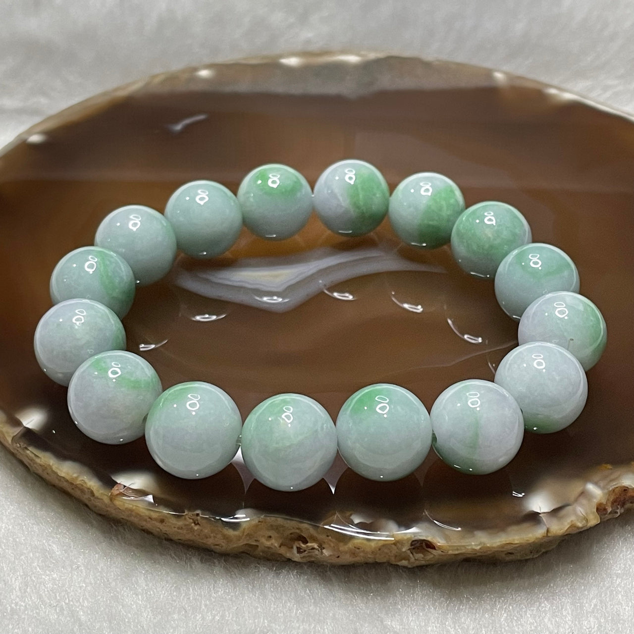 Type A Green patches on Light Green Jade Jadeite Bracelet 74.13g 14.0mm/bead 16 beads - Huangs Jadeite and Jewelry Pte Ltd