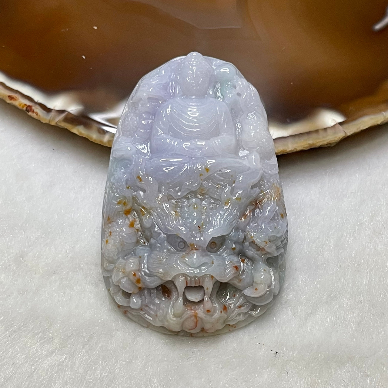 Type A Lavender & Orange Jade Jadeite Buddha & 9 Dragons 47.51g 62.5 by 39.5 by 12.4mm - Huangs Jadeite and Jewelry Pte Ltd