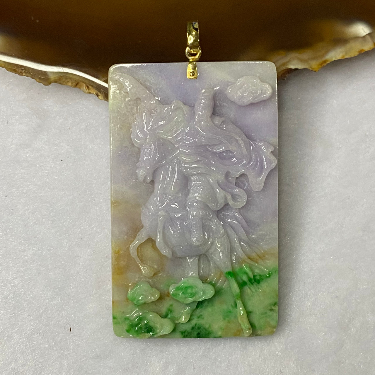 18k Yellow Gold Type A 3 Colour Jade Jadeite Guan Gong on Champion Stallion 43.95g 219.85ct 63.87 by 38.8 by 9.55mm with NGI Cert - Huangs Jadeite and Jewelry Pte Ltd