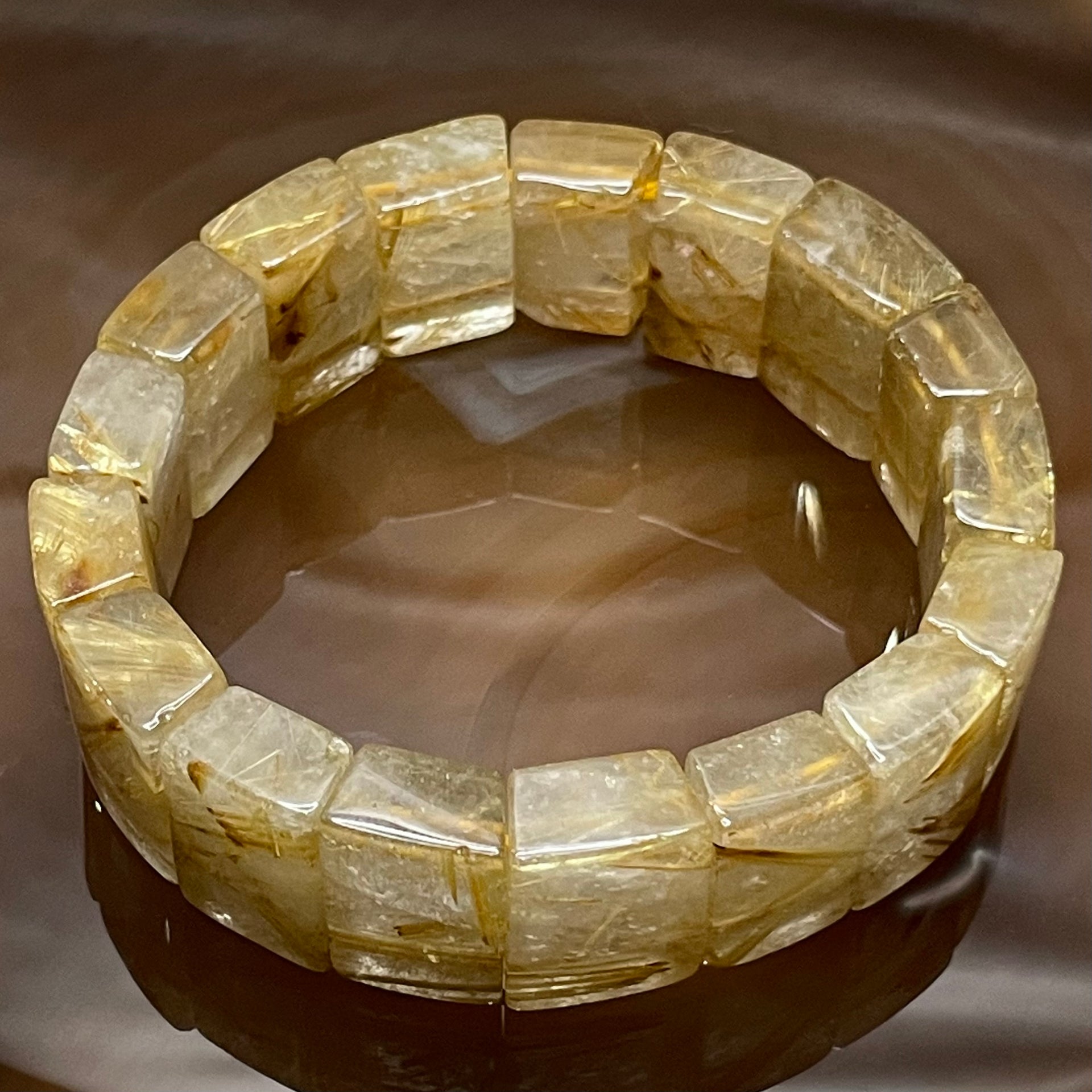 Natural Golden Rutilated Quartz Bracelet 手牌 - 72.80g 18.9 by 8.4mm/piece 17 pieces - Huangs Jadeite and Jewelry Pte Ltd