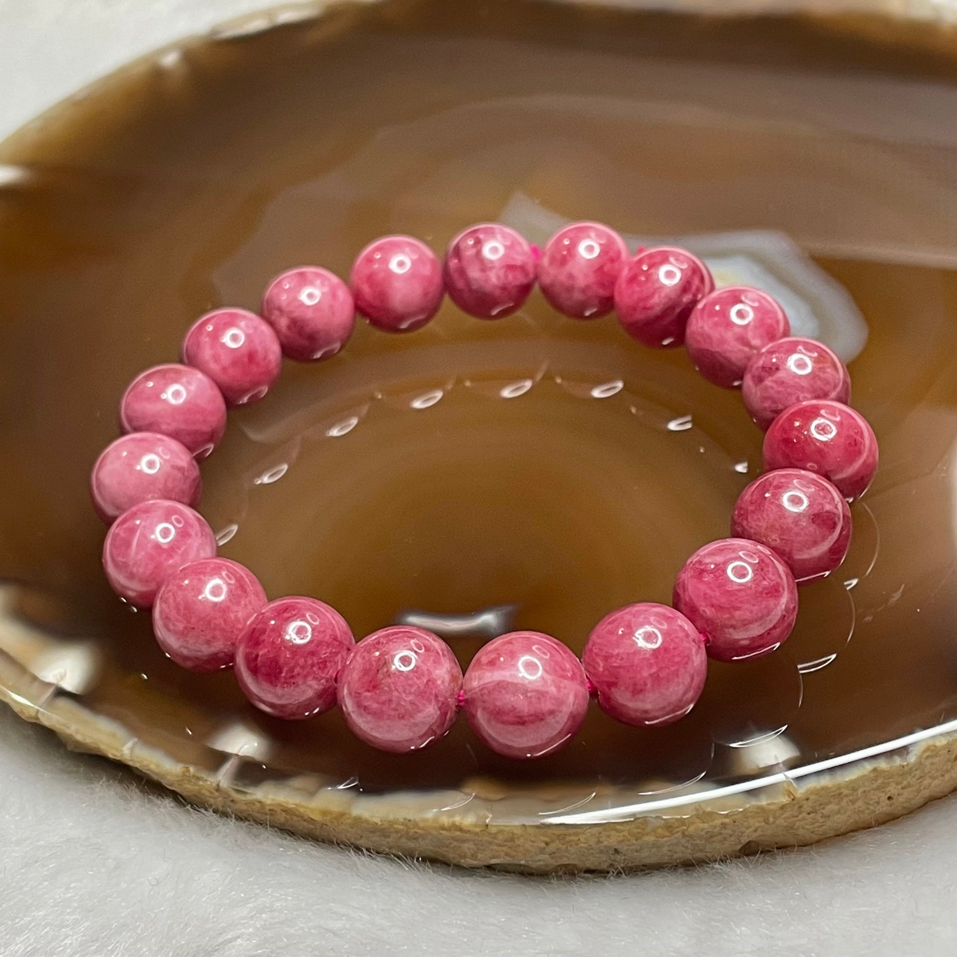 Natural Rhodonite Crystal Bracelet 37.8g 10.3mm/bead 19 beads - Huangs Jadeite and Jewelry Pte Ltd