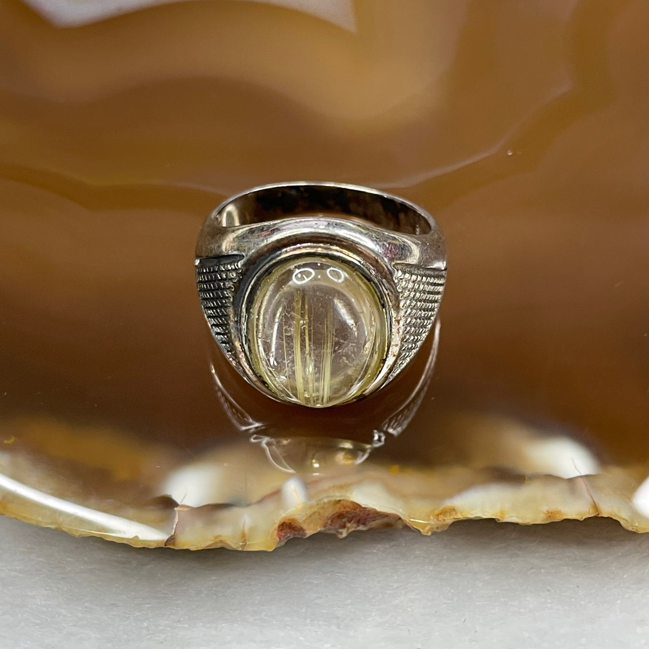 Natural Golden Rutilated Quartz 925 Silver Ring US 9.25 HK 21 7.2g 19.2 by 12.8 by 6.8mm - Huangs Jadeite and Jewelry Pte Ltd