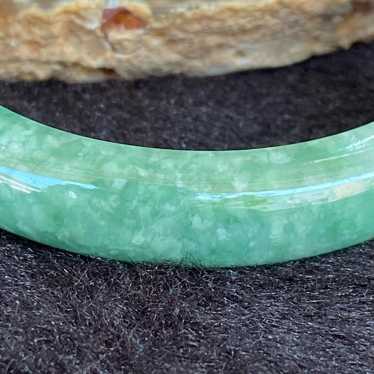 Type A Green Dou Qing Oval Bangle - 39.06g inner diameter 53.6mm Thickness 11.6 by 7.2mm - Huangs Jadeite and Jewelry Pte Ltd