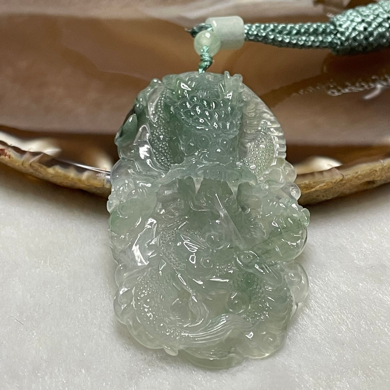 Rare Type A Icy Green Jade Jadeite Wealth Prosperity Dragon Pendant 35.02g 71.1 by 40.0 by 14.1mm - Huangs Jadeite and Jewelry Pte Ltd