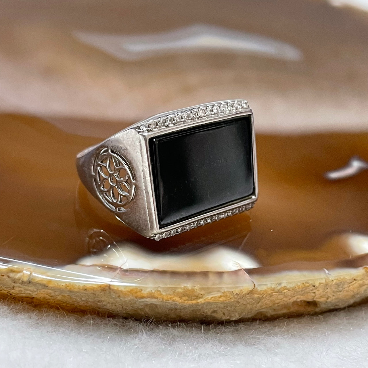 Type A Black Jade Jadeite 925 Sliver Ring 4.75g 18.4 by 13.2 by 2.8mm - Huangs Jadeite and Jewelry Pte Ltd