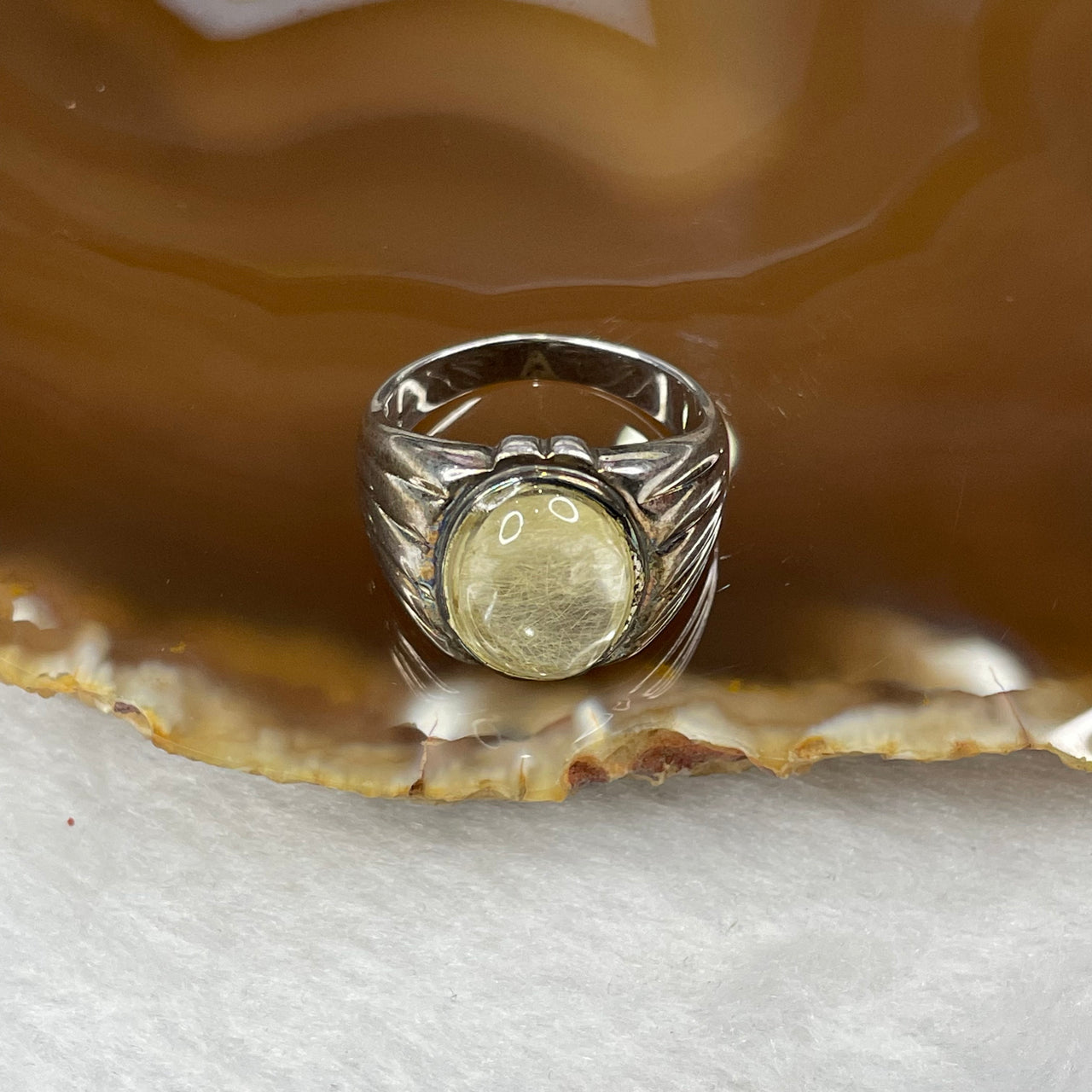 Natural Golden Rutilated Quartz 925 Silver Ring US 9 HK 20 6.6g 17.2 by 11.7 by 6.8mm - Huangs Jadeite and Jewelry Pte Ltd