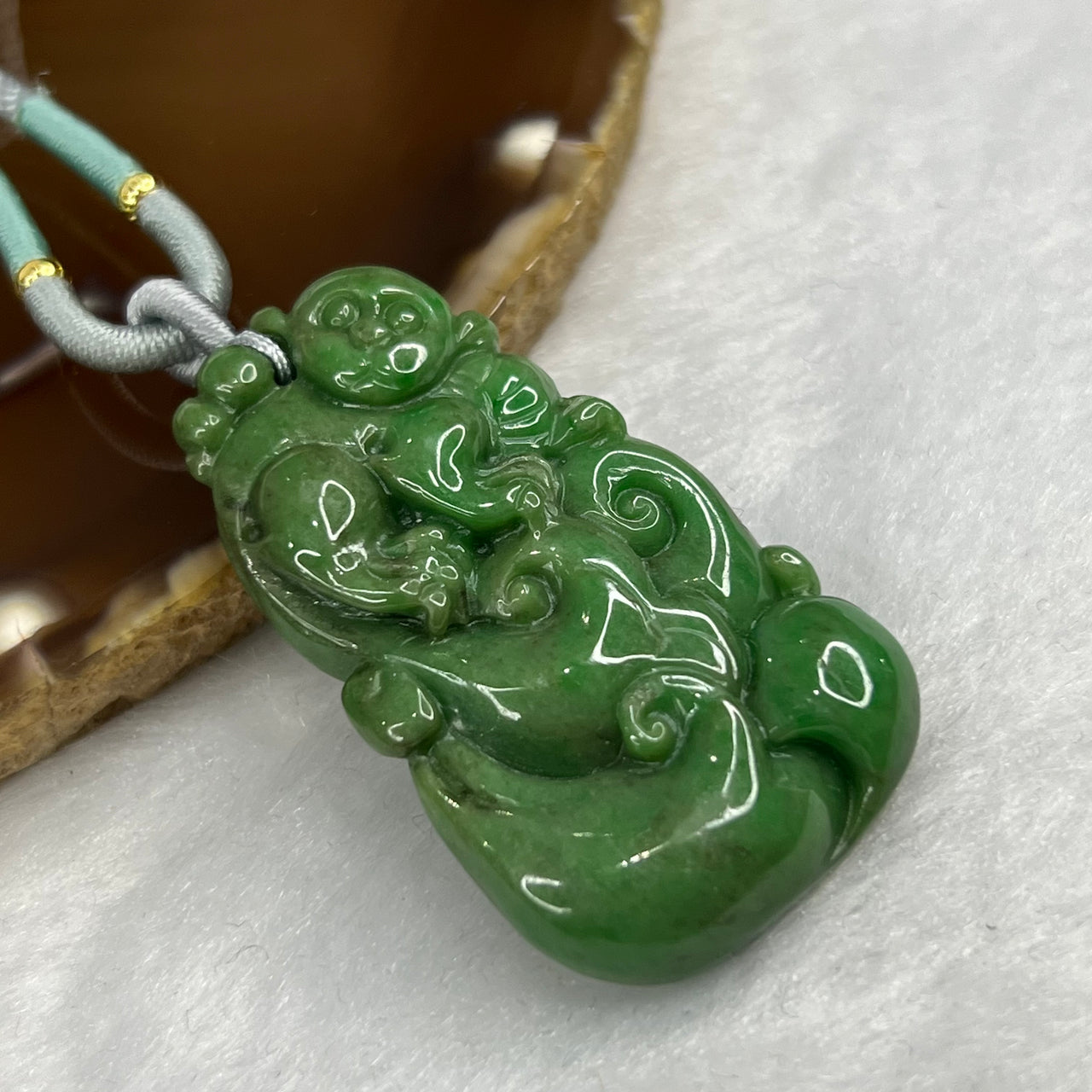 Type A Full Green Monkey Jade Jadeite Pendant 18.54g 43.7 by 25.7 by 8.8mm - Huangs Jadeite and Jewelry Pte Ltd