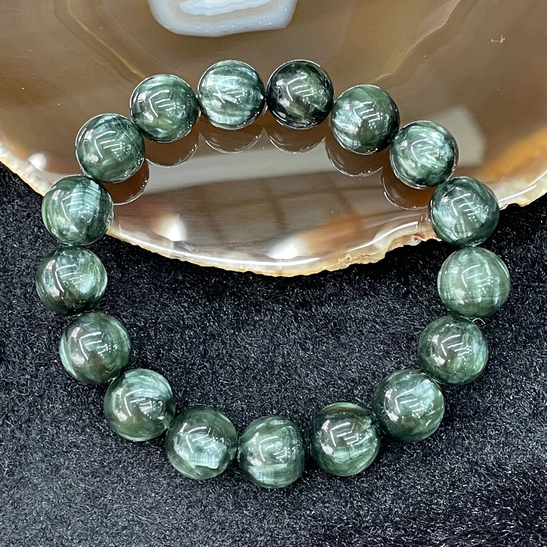 Natural Seraphinite Bracelet 绿龙晶 - 47.29g 12.5mm/bead 17 beads - Huangs Jadeite and Jewelry Pte Ltd