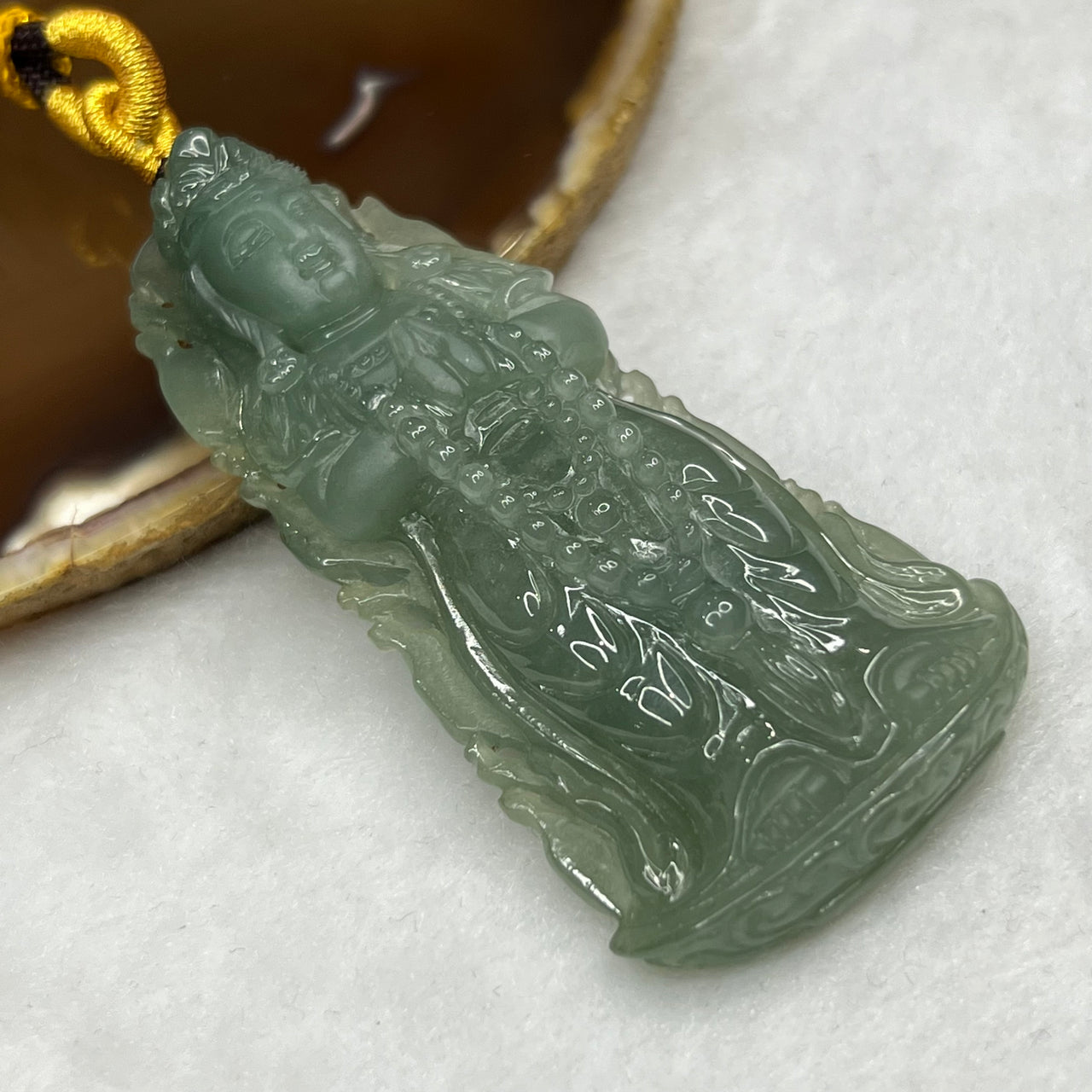 RARE Type A Semi Icy Green Jade Jadeite Standing Guan Yin Pendant - 52.29g 74.6 by 37.6 by 11.9mm - Huangs Jadeite and Jewelry Pte Ltd