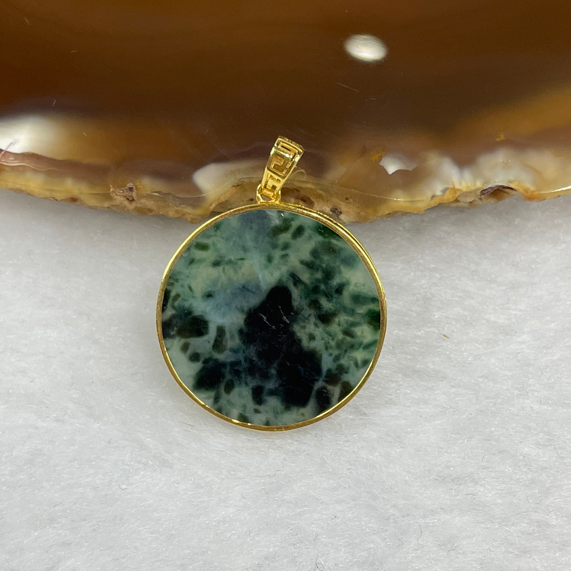 Type A Spicy Green Jadeite Wu Shi Pai Pendant with 18k Gold Setting - 2.00g 20 by 20 by 2mm - Huangs Jadeite and Jewelry Pte Ltd