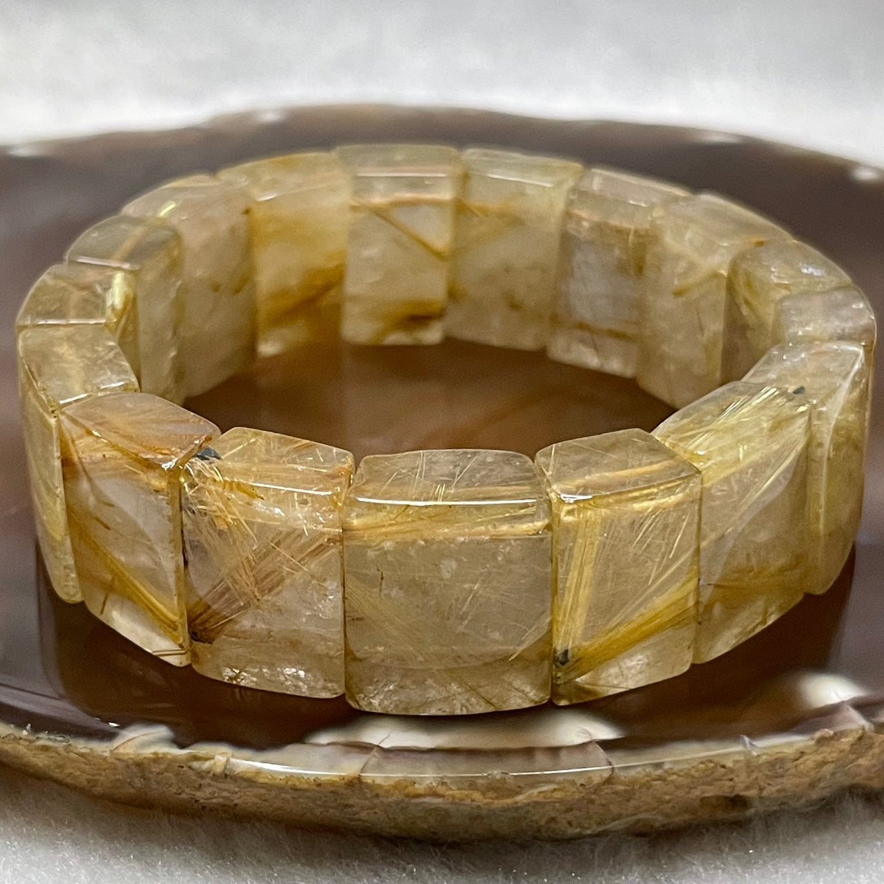 Natural Golden Rutilated Quartz Bracelet 手牌 - 72.80g 18.9 by 8.4mm/piece 17 pieces - Huangs Jadeite and Jewelry Pte Ltd