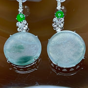 Type A Semi Icy Jade Jadeite Earrings 18k White gold, diamonds & white sapphires 5.08g 33.6 by 14.8 by 5.2mm - Huangs Jadeite and Jewelry Pte Ltd