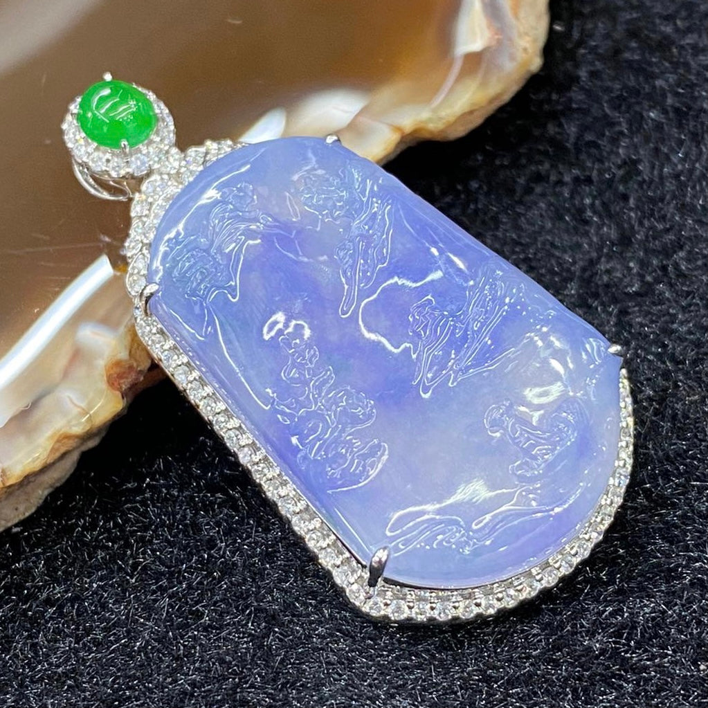 Rare High end Type A Burmese Lavender Jade Jadeite Shan Shui 18k white gold & diamonds - 13.78g 44.7 by 23.1 by 10.3mm - Huangs Jadeite and Jewelry Pte Ltd