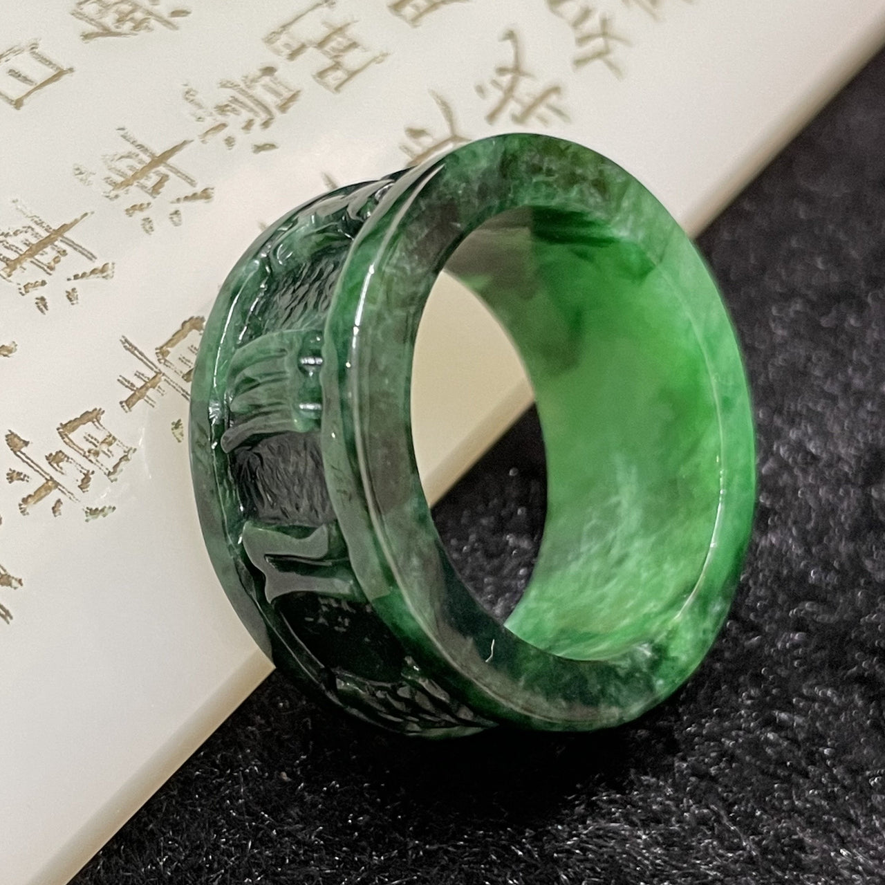 Type A Burmese Old Mine Green Om Mani PadMe Hum Jade Jadeite Ring - 11.31g US13.5 HK30 Inner Diameter 23.3mm - Huangs Jadeite and Jewelry Pte Ltd