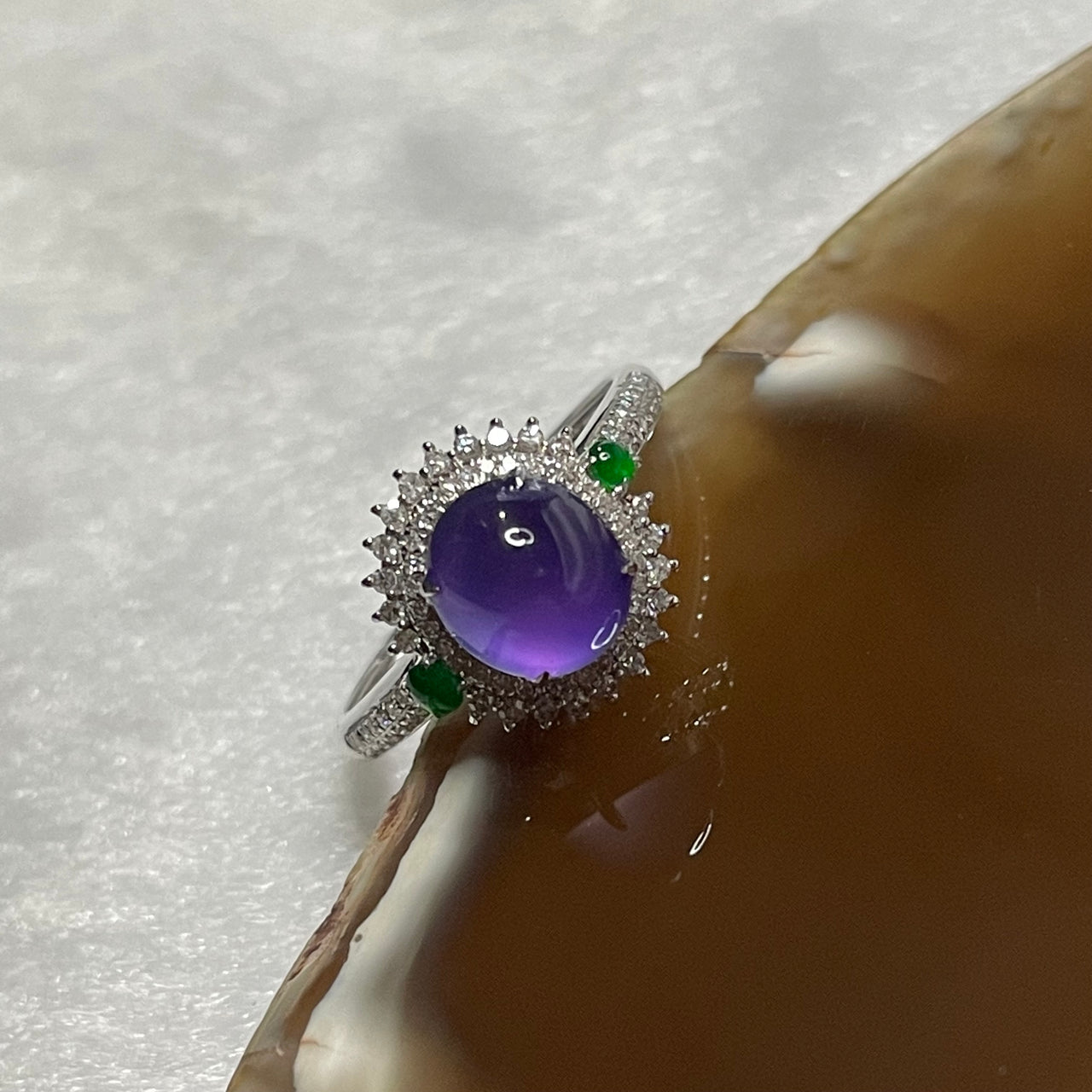 Rare Type A Semi Icy Lavender Jade Jadeite Ring 18k White Gold with NGI Cert 2.81g US6 HK13 Center Piece: 11.8 by 12.1 by 8.1mm - Huangs Jadeite and Jewelry Pte Ltd