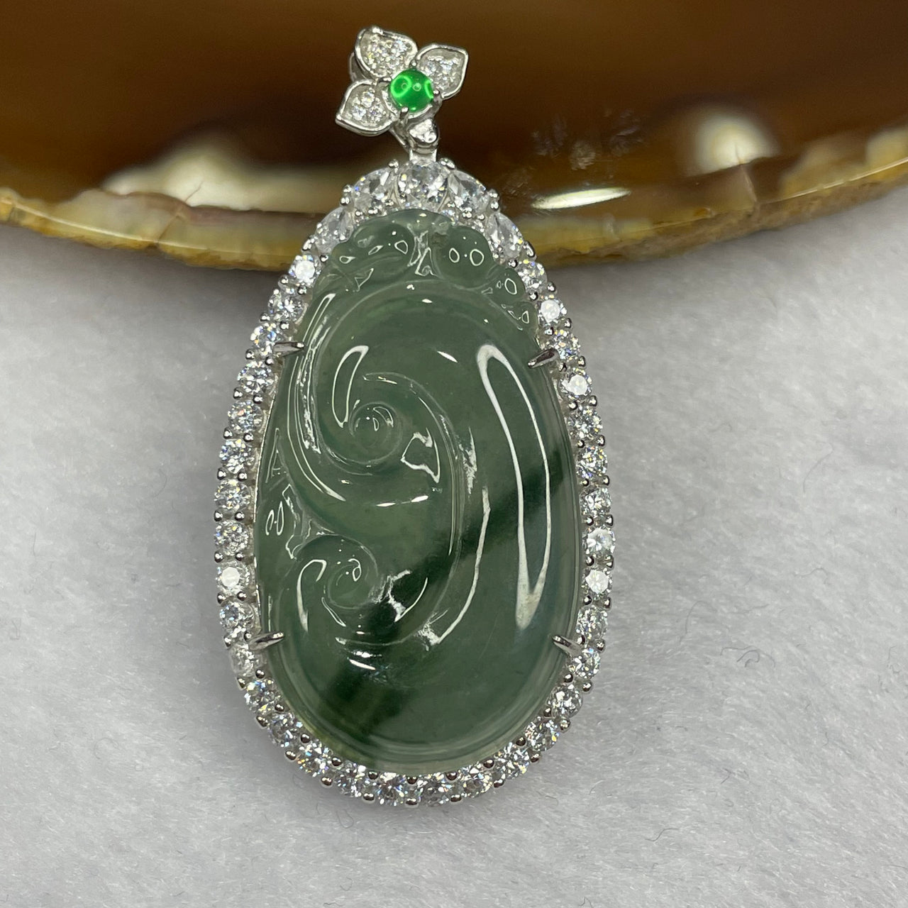 Type A Semi Icy Green Piao Hua Jade Jadeite Ruyi Pendant with 925 Silver Setting 9.80g 46.7 by 23.5 by 9.2 mm - Huangs Jadeite and Jewelry Pte Ltd