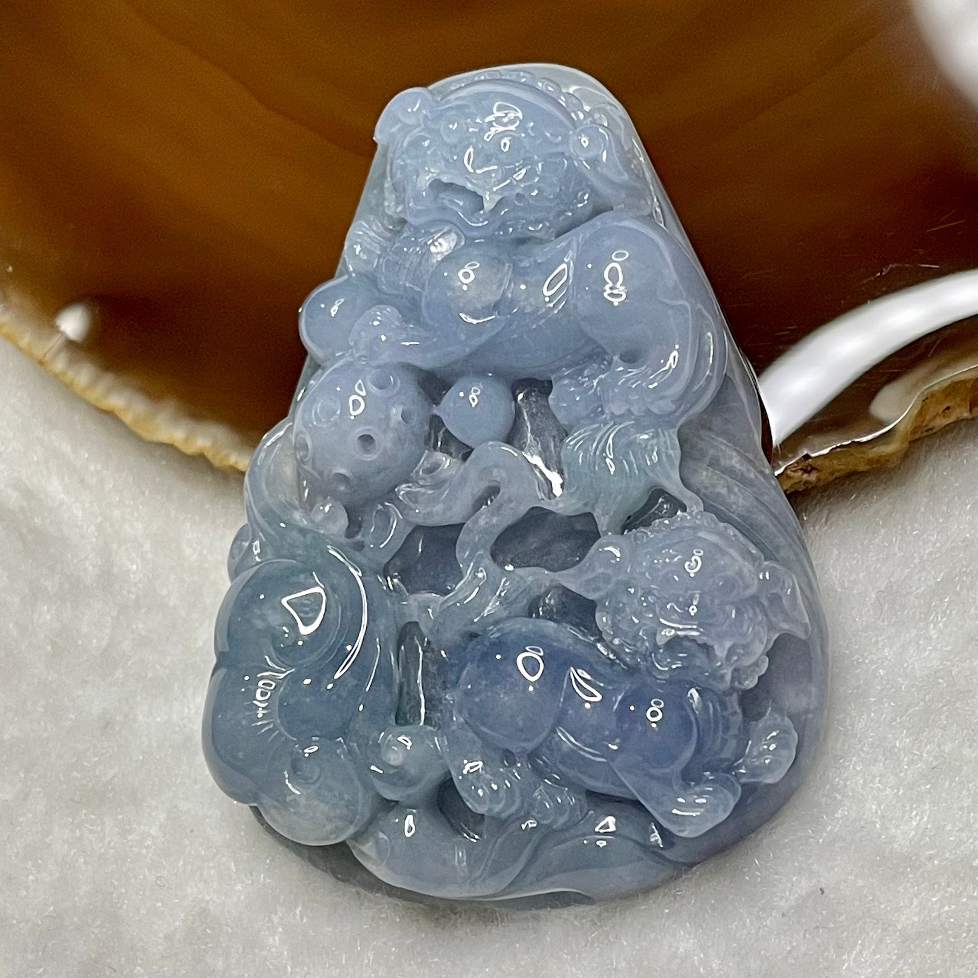 Type A Intense Lavender Pair of Fu Dogs Jade Jadeite 53.06g 61.0 by 43.3 by 12.1mm - Huangs Jadeite and Jewelry Pte Ltd