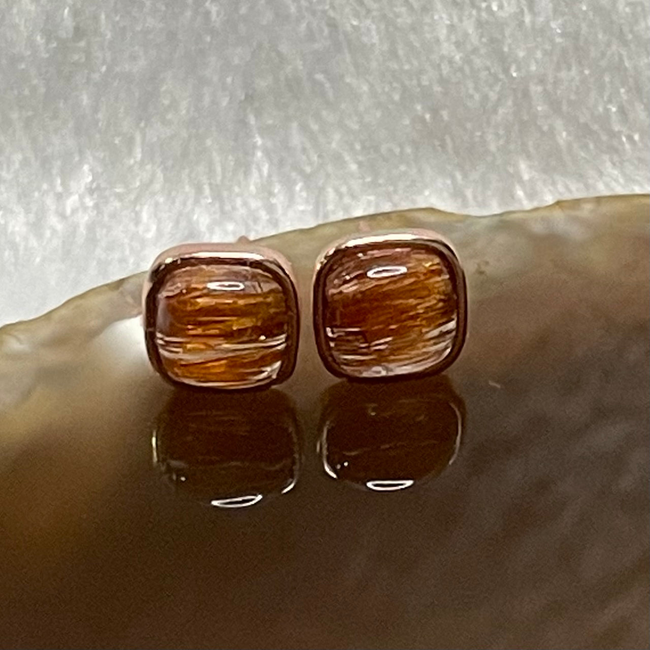 Natural Copper Rutilated Quartz 铜发晶 925 Silver Earrings 0.99g 7.2 by 7.2 by 3.5mm - Huangs Jadeite and Jewelry Pte Ltd