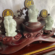 Type A Jade Jadeite Fu Lu Shou Display 625g Dimensions with stand 370 by 300 by 150mm Jade without stand 70 by 50 by 50 each - Huangs Jadeite and Jewelry Pte Ltd