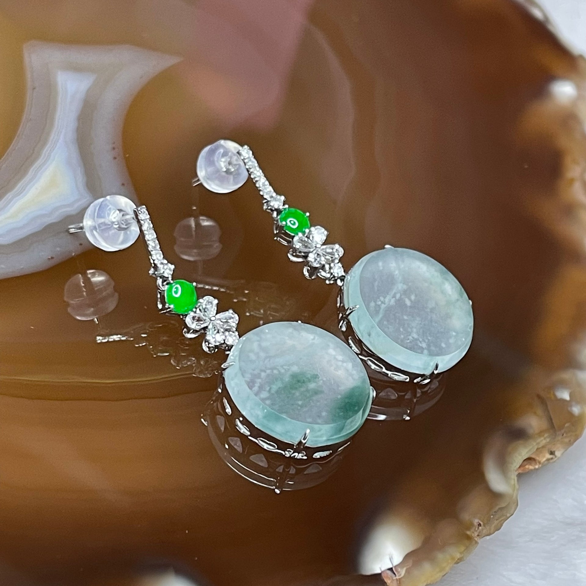 Type A Semi Icy Jade Jadeite Earrings 18k White gold, diamonds & white sapphires 5.08g 33.6 by 14.8 by 5.2mm - Huangs Jadeite and Jewelry Pte Ltd